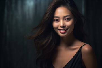 Fototapeta premium an exquisite black gown, the young Asian woman exudes elegance and luxury, epitomizing a contemporary fashion style with a dark mood and tone. Generative AI.