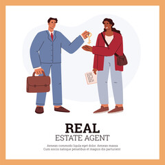 Squared banner about real estate agent work flat style, vector illustration