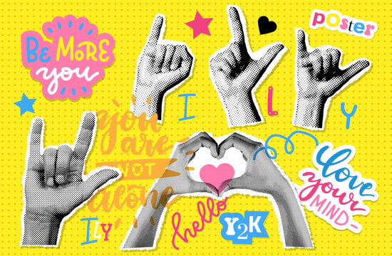 Halftone poster with lovely hands set. Love collage elements. Heart Gesture sign with gesture language letters I L Y. Modern art collage with human palms. Trendy vector sticker pack in Y2K style
