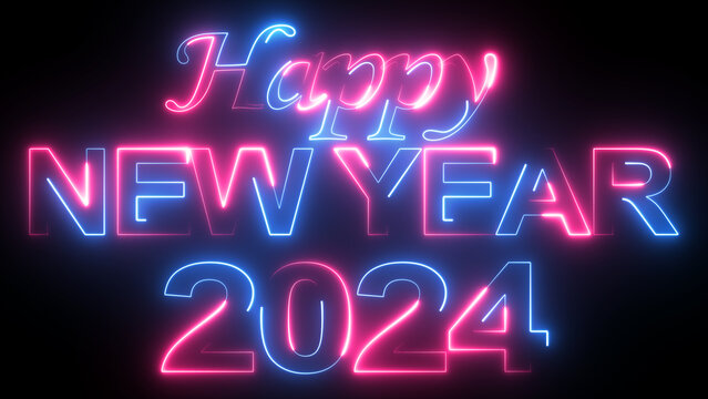 Happy New Year 2024 Greeting Card. Neon bright text Happy New Year 2024. Holiday design for flyer, greeting card, banner, celebration poster, party invitation or calendar.