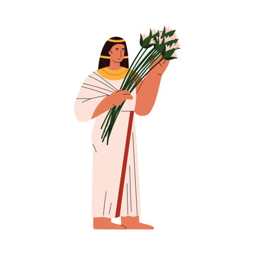 Ancient egyptian priest or pharaoh with lotus flowers, flat vector isolated.