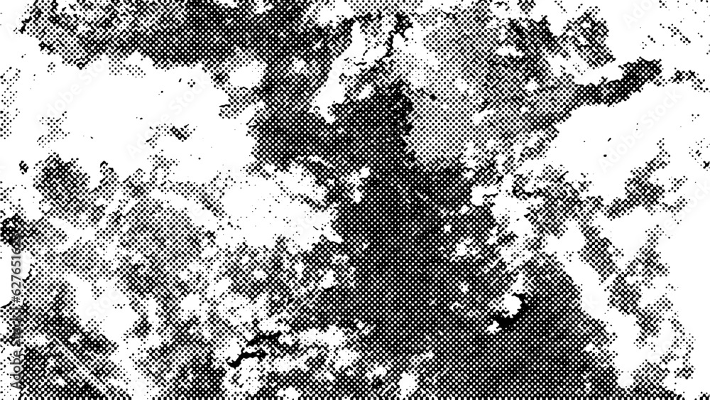 Poster spotted rough halftone vector texture overlay . 16x9 monochrome abstract splattered background.