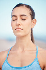Calm, fitness and woman at beach for meditation, training the mind and exercise for zen. Yoga,...