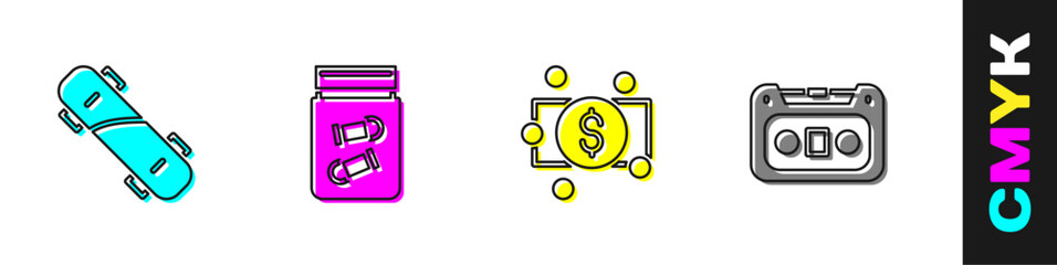 Set Skateboard, Evidence bag with bullet, Stacks paper money cash and Retro audio cassette tape icon. Vector