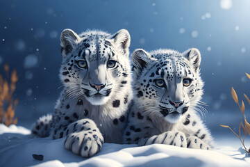 Fototapeta premium two small cute snow leopards with bluish eyes, generative AI 