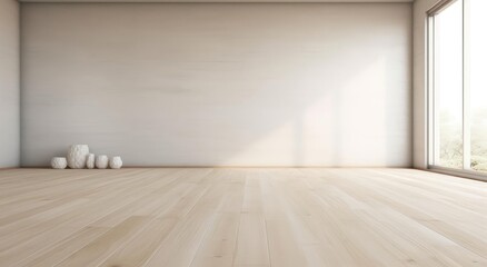 The interior of a room with a blank wall. Wooden floor