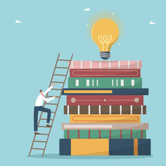 Obraz premium Develop intelligence and logic through reading books, new knowledge and wisdom to innovate and creative ideas, learning and education for success, man climbs ladder on stack of books with light bulb.