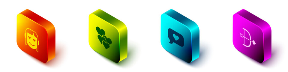 Set Isometric Romantic girl, Heart, in speech bubble and Bow and arrow icon. Vector