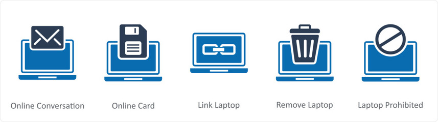 A set of 5 Internet icons as online conversation, online card, link laptop