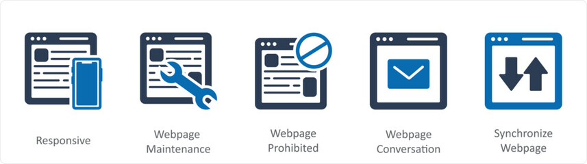 A set of 5 Internet icons as responsive, webpage maintenance, webpage prohibited
