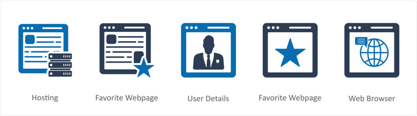 A set of 5 Internet icons as hosting, favorite webpage, user details