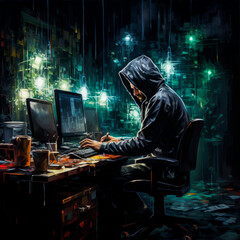 A lone man dressed in a hoodie sitting in front of his computer in a dark surreal room. The painting depicts a chilling scene of cybercrime in the digital realm. Generated by artificial intelligence. 