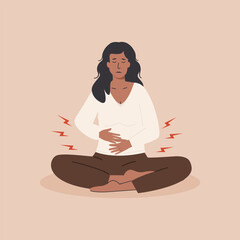 Menstrual pain. Young brown woman having abdominal cramps or PMS symptoms. Female character during menstrual monthly cycle having discomfort in her stomach. Vector flat illustration. - obrazy, fototapety, plakaty