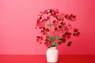 Bouquet of red clover on pink background with copy space for text