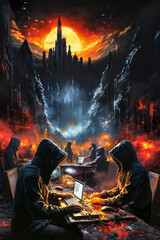 A lone man dressed in a hoodie sitting in front of his computer in a dark surreal room. The painting depicts a chilling scene of cybercrime in the digital realm. Generated by artificial intelligence. 