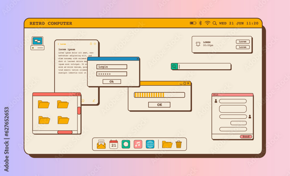 Poster vintage aesthetic computer desktop page with popup boxes. vaporwave browser and dialog windows. 80s 