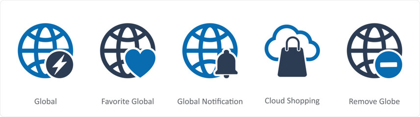 A set of 5 Internet icons as global, favorite global, global notification