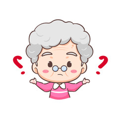 Cute grand mother confused with question mark cartoon character. People expression concept design. Isolated background. Vector art illustration.