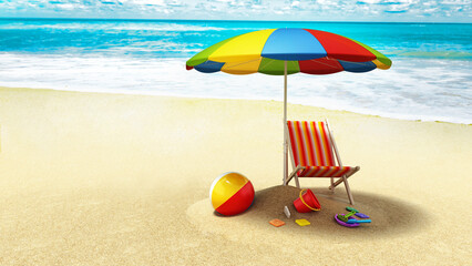 Beach parasol, sun chair and beach toys by the seashore. 3D illustration