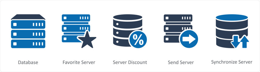 A set of 5 Internet icons as database, favorite server, server discount