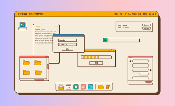 Vintage aesthetic computer desktop page with popup boxes. Vaporwave browser and dialog windows. 80s 90s old style user interface. Nostalgic retro operating system. Vector flat illustration.