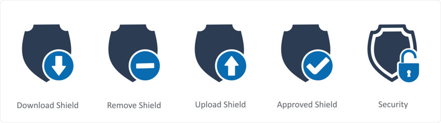 A set of 5 Internet icons as download shield, remove shield, upload shield