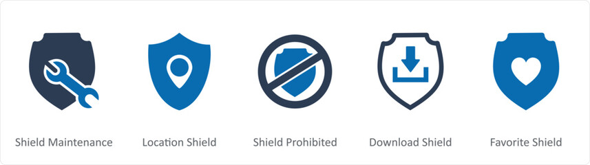 A set of 5 Internet icons as shield maintenance, location shield, shield prohibited 