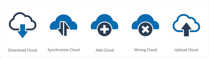 A set of 5 Internet icons as download cloud, synchronize cloud, add cloud 