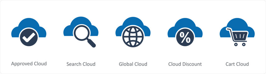 A set of 5 Internet icons as approved cloud, search cloud, global cloud