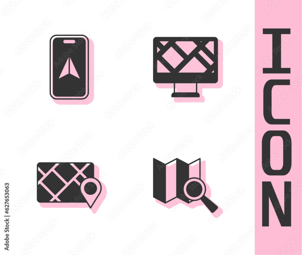 Poster set search location, city map navigation, gps device with and monitor icon. vector