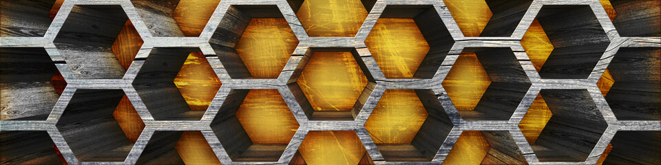 Hexagonal wooden grid over a glowing golden background