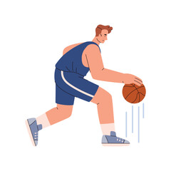 Basketball player man running and dribbling ball, cartoon game competition, vector illustration with lines of motion