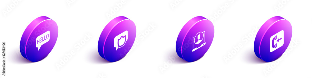 Poster set isometric hello in different languages, speech bubble chat, telephone 24 hours support and incom