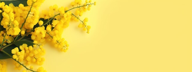 Beautiful bouquet of mimosa on a light yellow background. Spring background in banner format with a branch of mimosa