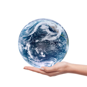 Earth in a hand. Save the planet earth concept. A woman's hand holding the world isolated on png background. Earth day conceptual image. Elements of this image furnished by NASA.	