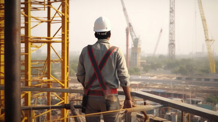 Naklejka na ściany i meble Back View of Engineer Technician at Construction Site