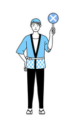 不正解を示す×の棒を持つ夏祭りの法被を着た男性