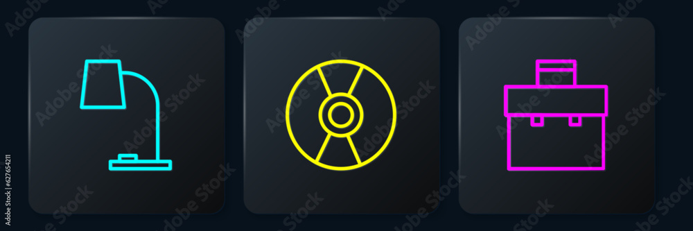 Poster set line table lamp, briefcase and cd or dvd disk. black square button. vector