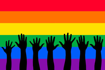 LGBTQI, trans and intersex rights concept. Human hands over rainbow pride flag on background