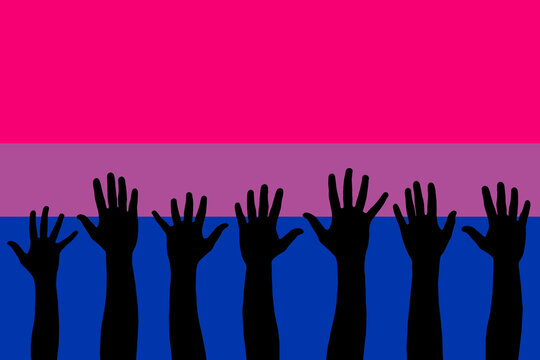 LGBTQI, trans and intersex rights concept. Human hands over Bisexual pride flag on background