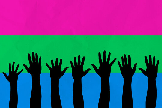 LGBTQI, trans and intersex rights concept. Human hands over r Polysexual pride flag on background