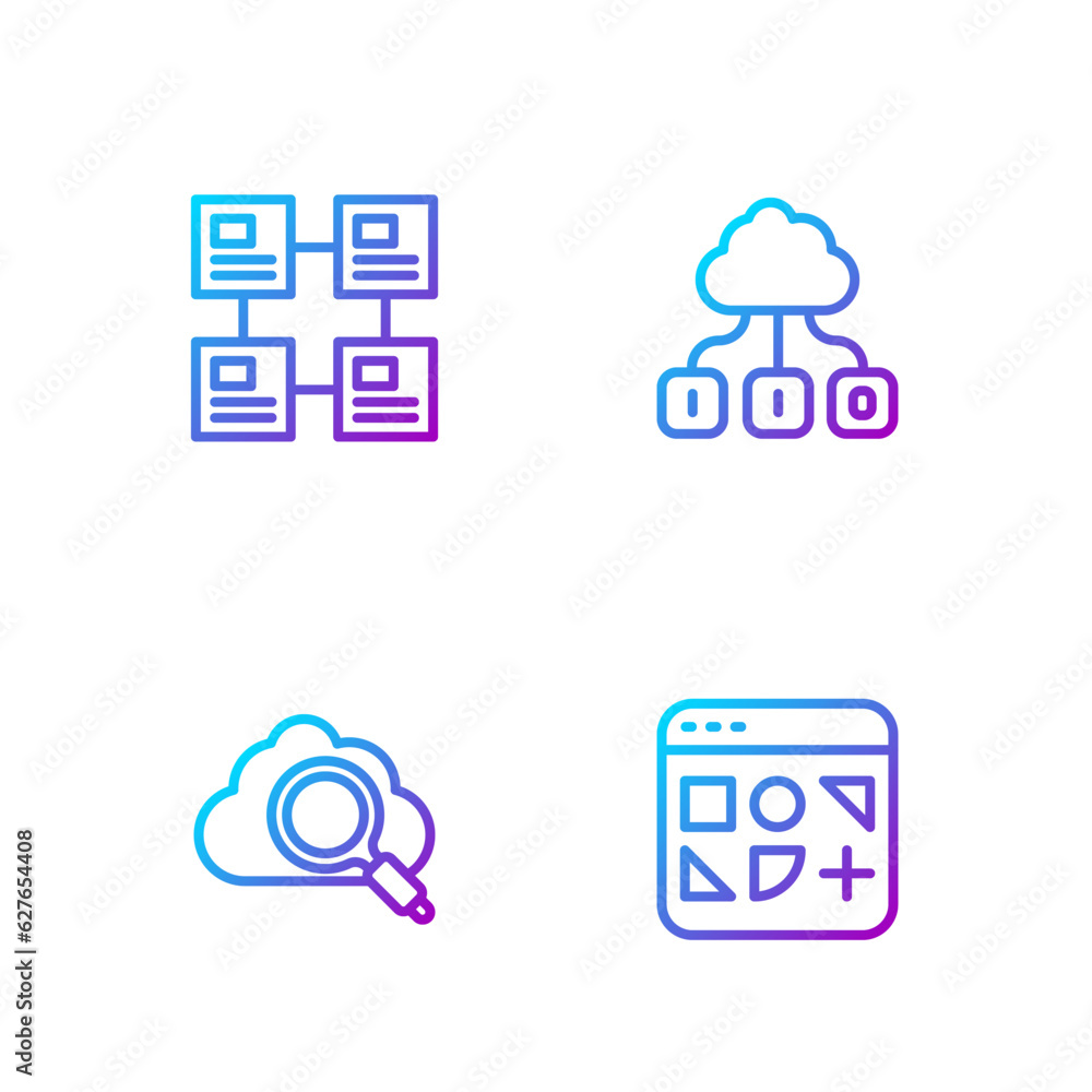 Poster set line different files, search cloud computing, hierarchy organogram chart and cloud technology da