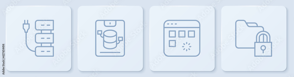 Poster set line server, loading data window, data, web hosting and folder and lock. white square button. ve