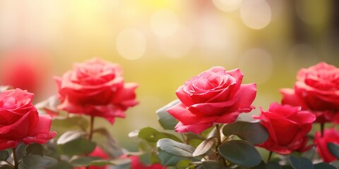 Beautiful floral natural background with red roses in garden an outdoor with beautiful bokeh and free space for text
