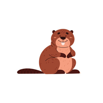Cute cartoon beaver, brown short-haired wild mammal animal with a large flat tail vector illustration isolated on white
