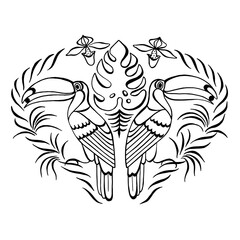Pattern of exotic tropical birds toucans, monstera palms, flowers. Vector black and white drawing Isolated on white background. Tattoo sketch. Line art design for adult or kids coloring page, book.