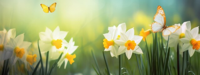 Beautiful flowers daffodils in spring summer in tall wild grass and orange butterfly in nature outdoors with beautiful bokeh
