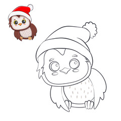 Color the cute cartoon owl. Game for children. Coloring according to the sample. Cartoon style Funny owlet. Christmas illustration 