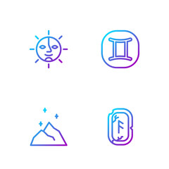 Set line Magic runes, powder, Sun and Gemini zodiac. Gradient color icons. Vector