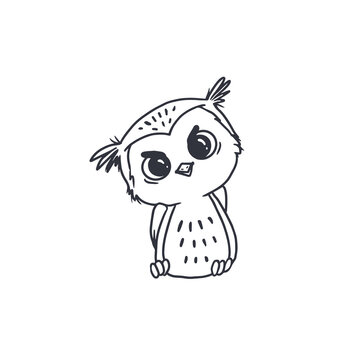  cute cartoon owl on white. Owlet in doodle style. Coloring for kids. 